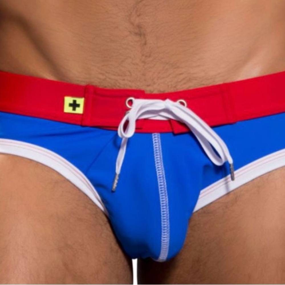 Andrew Christian Swim Brief - sporty lace-up  - Blue / Red - Size L